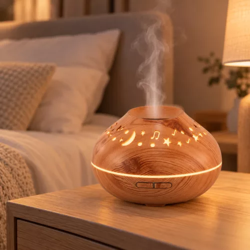Aromaterápiás ultrahangos párásító 500 ml – világosbarna, LED világítással