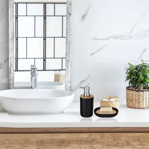 6 részes fürdőszoba szett – fekete bambusz fedéllel, elegáns minimalista design