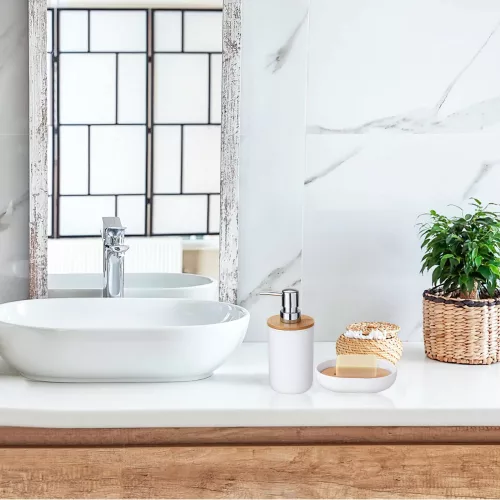 6 részes fürdőszoba szett – fehér bambusz fedéllel, modern minimalista design