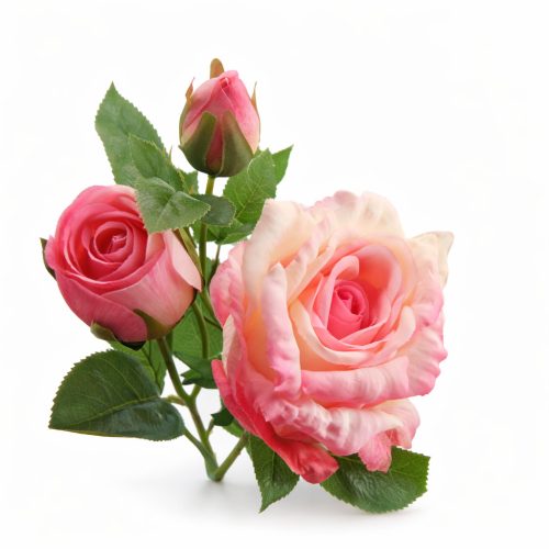 66 cm-es 3 Bimbós Rózsaszín Selyem Rózsa – Élethű Műrózsa Ág Dekorációhoz