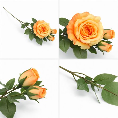 66 cm-es 3 Bimbós Narancs–Sárga Selyem Rózsa – Élethű Műrózsa Ág Dekorációhoz