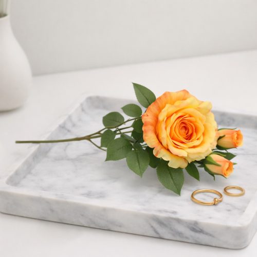 66 cm-es 3 Bimbós Narancs–Sárga Selyem Rózsa – Élethű Műrózsa Ág Dekorációhoz