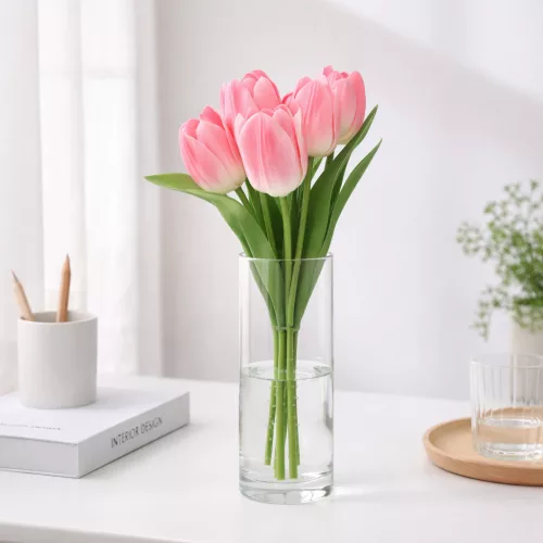 Prémium mesterséges tulipán virágcsokor 50 cm – 7 szálas rózsaszín tulipán dekorációs művirág csokor