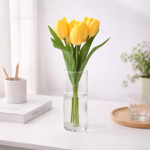 Prémium mesterséges tulipán virágcsokor 50 cm – 7 szálas citromsárga tulipán dekorációs művirág csokor
