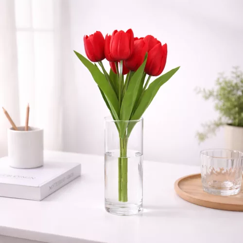 Prémium mesterséges tulipán virágcsokor 50 cm – 7 szálas piros tulipán dekorációs művirág csokor