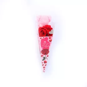   Valentin napi 40 cm magas, rózsaszín gúla rózsaszín macis és glitteres szíves két fejes vörös rózsa