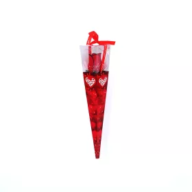   Valentin napi 28 cm magas, LED-es piros gúla alakú tartóban vörös rózsa