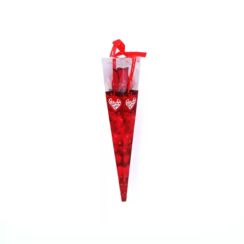 Valentin napi 28 cm magas, LED-es piros gúla alakú tartóban vörös rózsa