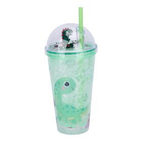   LED-es csillámos gyerek pohár 500 ml – zöld dínós minta, szívószállal