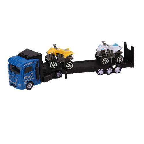 Trailer Heavy Truck - két féle színben, 32 cm hosszú, két quad a platóján sárga vagy kék traktorral
