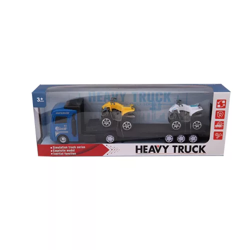 Trailer Heavy Truck - két féle színben, 32 cm hosszú, két quad a platóján sárga vagy kék traktorral