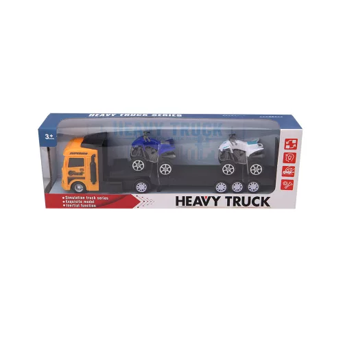 Trailer Heavy Truck - két féle színben, 32 cm hosszú, két quad a platóján sárga vagy kék traktorral