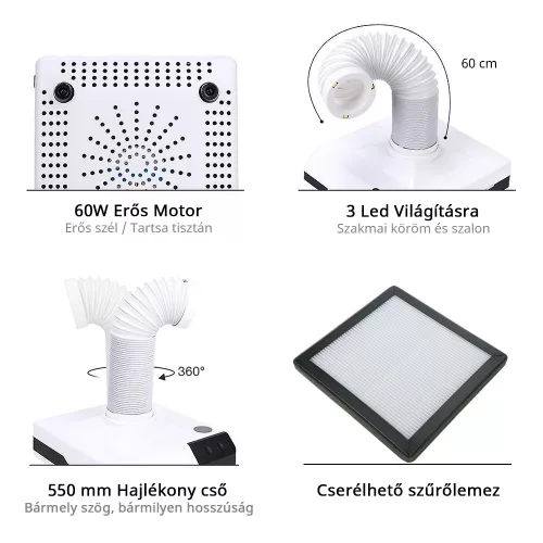 Műkörmös porelszívó 60W, 3 db  Led lámpa világítás, 360 fokos elforgatás - fehér