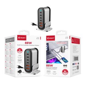   X-start 88W asztali többportos gyorstöltő állomás – 6 portos USB/USB-C töltő adapter, okostelefonhoz, tablethez és laptophoz