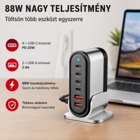   X-start 88W asztali többportos gyorstöltő állomás – 6 portos USB/USB-C töltő adapter, okostelefonhoz, tablethez és laptophoz