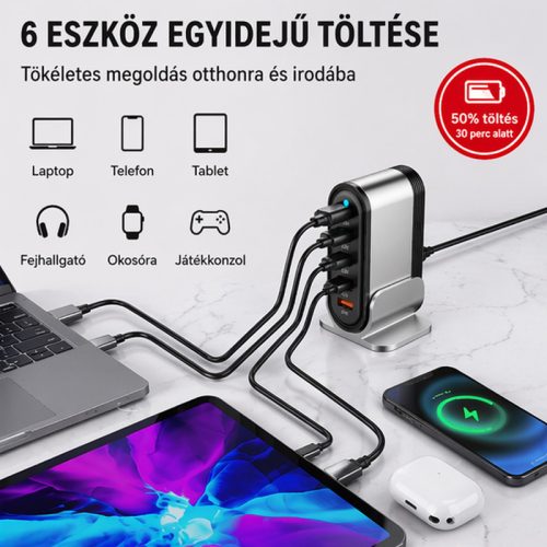 X-start 88W asztali többportos gyorstöltő állomás – 6 portos USB/USB-C töltő adapter, okostelefonhoz, tablethez és laptophoz