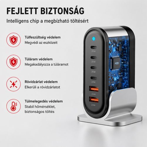 X-start 88W asztali többportos gyorstöltő állomás – 6 portos USB/USB-C töltő adapter, okostelefonhoz, tablethez és laptophoz