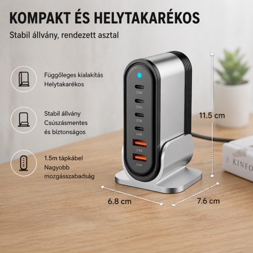 X-start 88W asztali többportos gyorstöltő állomás – 6 portos USB/USB-C töltő adapter, okostelefonhoz, tablethez és laptophoz