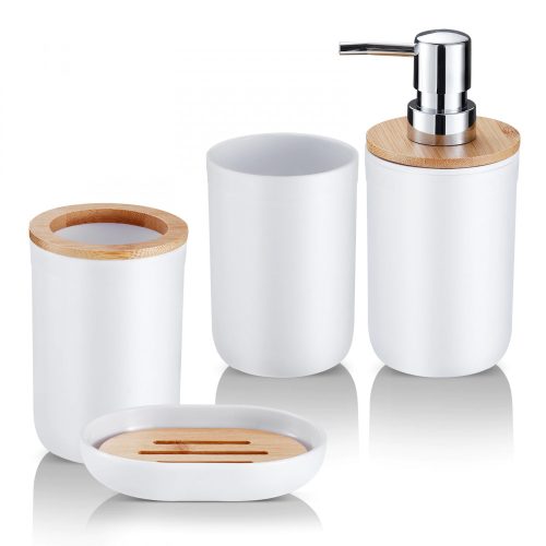 Fürdőszobai kiegészítők 4db, Bambusz fogkefe tartó szappanadagoló - Fehér