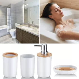   4 részes fürdőszoba szett – fehér bambusz betétekkel, modern minimalista design