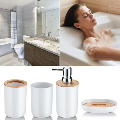 4 részes fürdőszoba szett – fehér bambusz betétekkel, modern minimalista design