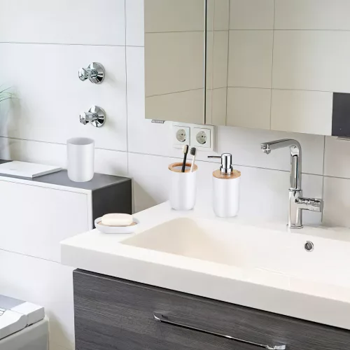 4 részes fürdőszoba szett – fehér bambusz betétekkel, modern minimalista design