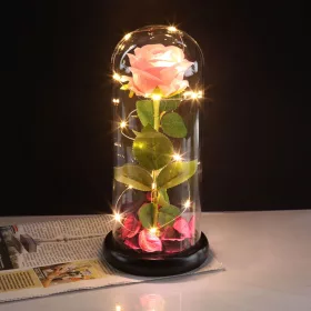   Mesterséges Rózsa Üvegbúrában - Ledes - 17 cm, Rózsaszín