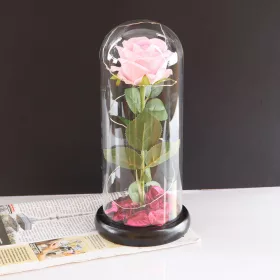   Mesterséges Rózsa Üvegbúrában - Ledes - 17 cm, Rózsaszín