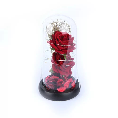 Led-es vörös 2 fejes műrózsa üvegbúrában, 17 cm