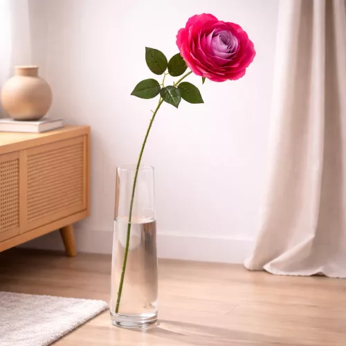 75 cm-es Fuxia–Lila Színátmenetes Selyem Rózsa – Nagy Virágfejű, Élethű Hosszú Szárú Műrózsa