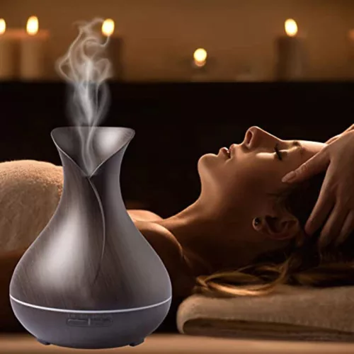Aromaterápiás ultrahangos párásító – 500 ml tulipán alakú, fa hatású diffúzor 7 színű LED fénnyel