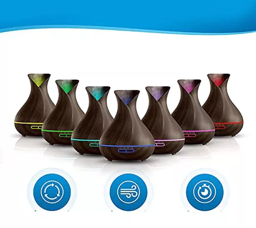Aromaterápiás ultrahangos párásító – 500 ml tulipán alakú, fa hatású diffúzor 7 színű LED fénnyel
