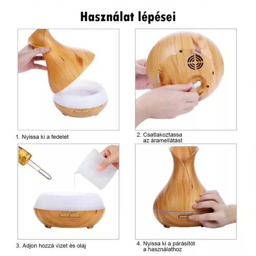 Aromaterápiás ultrahangos párásító – 500 ml tulipán alakú, fa hatású diffúzor 7 színű LED fénnyel