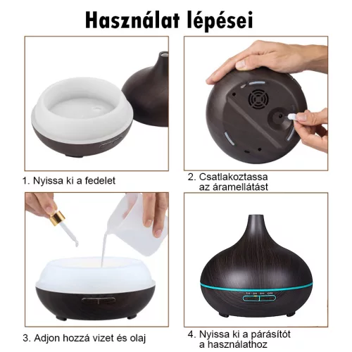 Aromaterápiás ultrahangos párásító – 500 ml sötét fa hatású diffúzor időzítővel és LED világítással