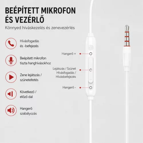 X-start fehér vezetékes in-ear sztereó fülhallgató mikrofonnal – 3,5 mm jack, 120 cm kábel, HiFi hangzás