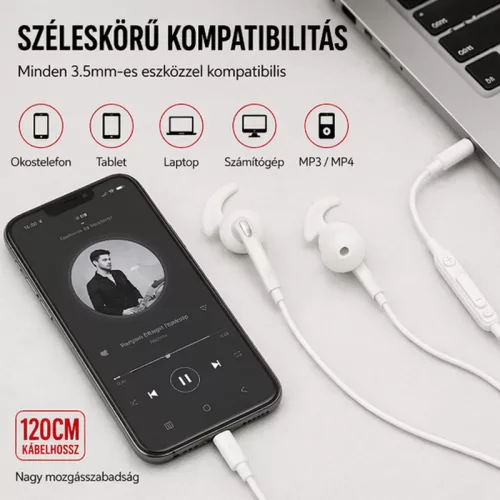 X-start fehér vezetékes in-ear sztereó fülhallgató mikrofonnal – 3,5 mm jack, 120 cm kábel, HiFi hangzás