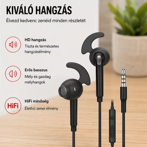 X-start vezetékes sztereó fülhallgató mikrofonnal fekete – 3,5 mm jack, 120 cm kábel, ergonomikus sport kialakítás