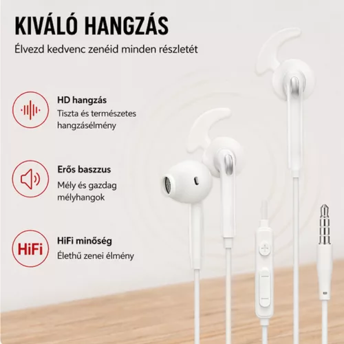 X-start fehér vezetékes sztereó fülhallgató mikrofonnal – 3,5 mm jack, 120 cm kábel, ergonomikus sport kialakítás