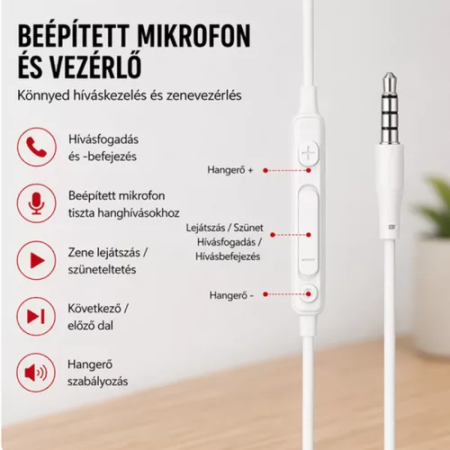 X-start fehér vezetékes sztereó fülhallgató mikrofonnal – 3,5 mm jack, 120 cm kábel, ergonomikus sport kialakítás