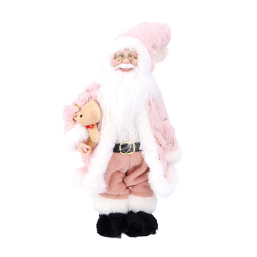 Mikulás figura 30 cm - arany mintás rózsaszín ruhában, mackóval