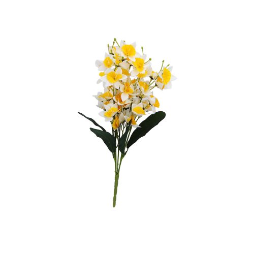 5 száras, 45 cm, fehér szirmos, sárga belsejű, nárcisz, íves levelekkel