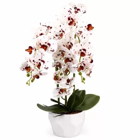   Mű orchidea cserépben 72 cm – 4 szálas fehér-vörös mintás dekor virág