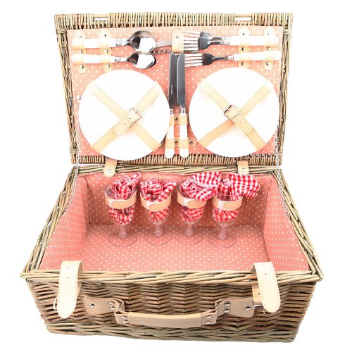 Rattan piknik doboz és evőkészlet, poharakkal, tányérokkal, evőeszközökkel 20 x 30 x 48 cm