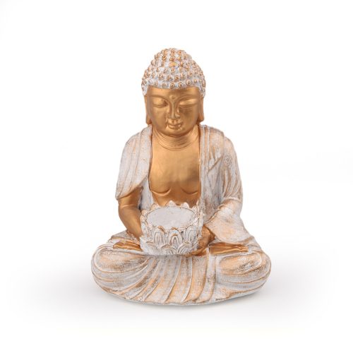 Buddha fehér és arany a tál a kezében - műgyanta, 21 cm
