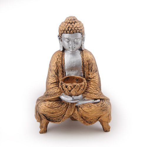 Arany Buddha, háromlábú széken ül - műgyanta, 27 cm