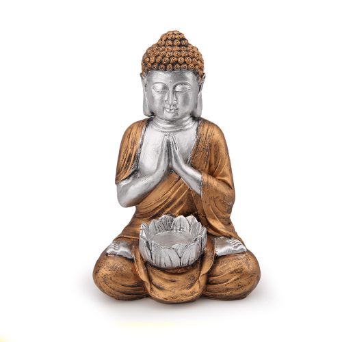 Tál felett imádkozó Buddha, aranyfejes - 28 cm műgyanta