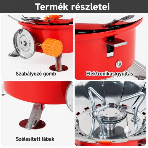 Összecsukható kemping gázfőző hordtáskával – szélálló, kompakt túrafőző erőteljes lánggal