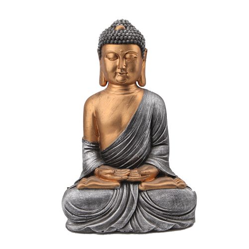 Buddha, ülve imádkozó ezüst hajas, arany fejes, 33 cm