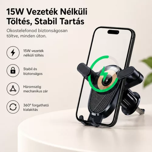 X-start 15W vezeték nélküli autós telefontartó – gyorstöltős mobiltelefon tartó szellőzőrácsra