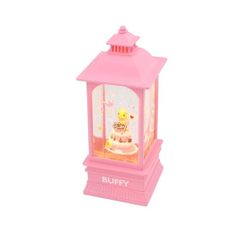 B. Duck rózsaszín zenélő, világító csillámos lámpás, közepén egy tortán rózsaszín ruhás kacsa 20 cm